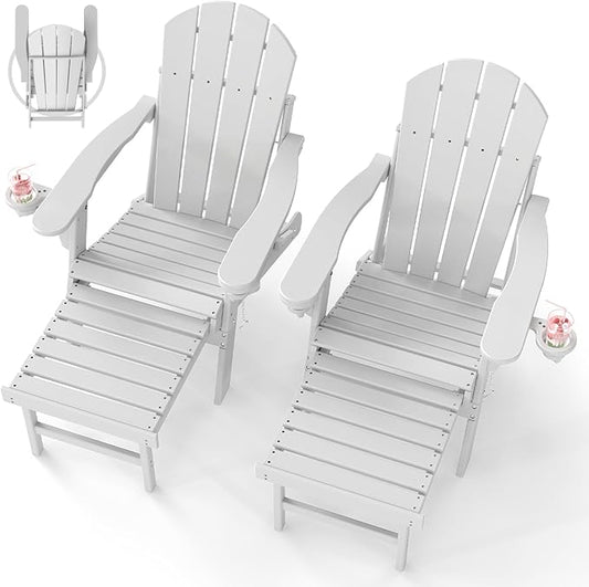 BRIOPAWS Adirondack-Chairs-with-Pull-Out-Footrest | Set of 2 | Folding | HDPE Plastic | Fire Pit Chair | All Weather | Cup Holders | Curved Back | Retractable Ottoman | for Poolside Deck | White