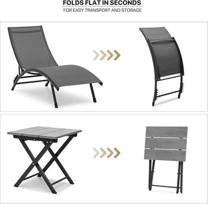 MoNiBloom Lounge Chairs for Outside Set of 3, Folding Adjustable Gray Deck Chair Recliner w/Side Table, Breathable All Weather Wavy Patio Chaise Lounge for Reading and Sunbathing, 350 Lbs Capacity