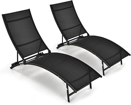 Giantex Outdoor Chaise Lounge Set of 2, Foldable Pool Lounge Chairs with 5-Position Adjustable Backrest, Quick-Drying Fabric, Patio Lounger for Backyard, Beach, Lawn, Sunbathing Recliner, Black