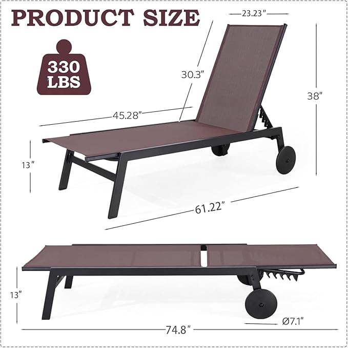 EROMMY Patio Chaise Lounge Chair Set of 2 with Wheels, Outdoor Lounge Chairs with Adjustable Backrest - Photo 2