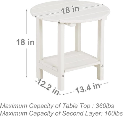 Sundale Outdoor 18" Round Side Table, Patio Water Proof Adirondack Small End Table HDPE Water Resistant 2 Tier Round Outside for Pool, Garden, Beach, White