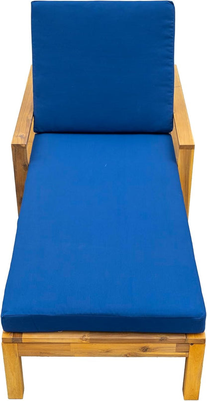 Outdoor Acacia Wood Chaise Lounges with Adjustable Backrest and Cushion, Patio Reclining Lounge Chair for Porch Backyard Balcony Poolside (Natural+ Blue)