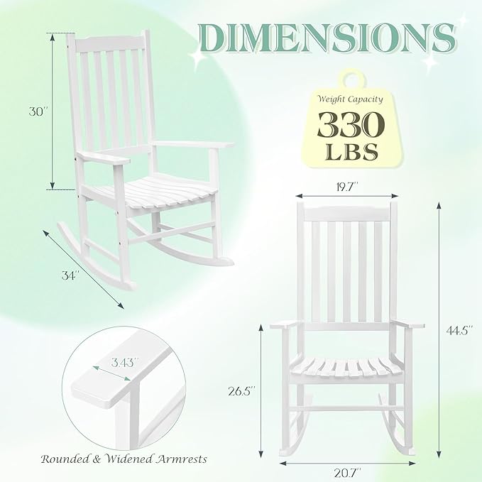 Flamaker Acacia Wood Patio Rocking Chair Set of 2, High Back and Widen Armrest for Adults, Solid Wood Porch Rocking Chair for Lawn, Garden, Backyard (White)