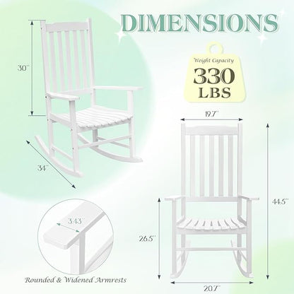 Flamaker Acacia Wood Patio Rocking Chair Set of 2, High Back and Widen Armrest for Adults, Solid Wood Porch Rocking Chair for Lawn, Garden, Backyard (White)
