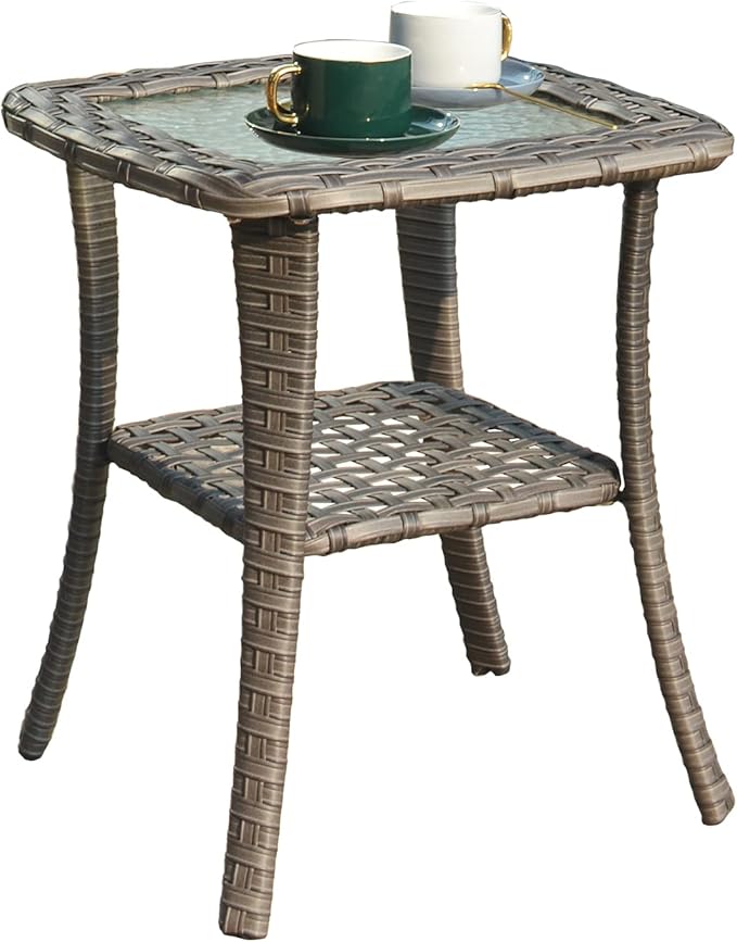 ovios Outdoor Patio Side Table with Tempered Glass Top Wicker Coffee Tables for Garden Porch Yard Deck Balcony, Grey Rattan