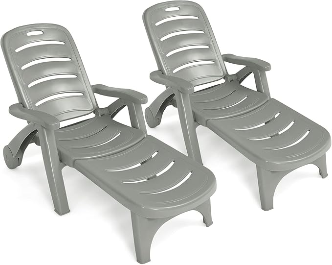 COSTWAY 2 PCS Folding Chaise Lounge Chair 5-Position Adjustable Recliner Grey