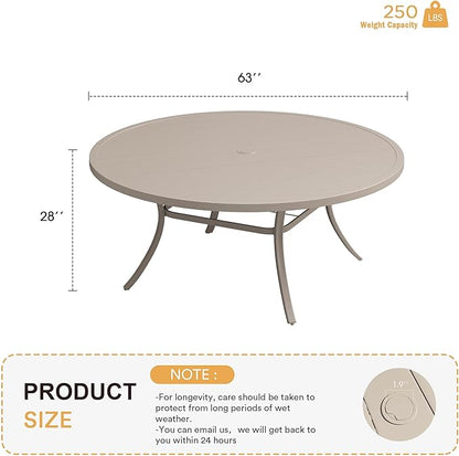 VICLLAX 63" Outdoor Round Patio Table with Umbrella Hole, All Weather Metal Round Outdoor Dining Table for Lawn Garden, 8-10 Person Table, Sandshell