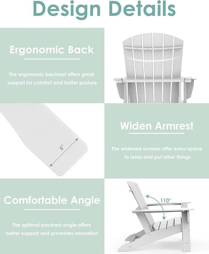 IVY&LANE Adirondack Chairs Set of 2 | HDPE Plastic | Outdoor Fire Pit Chairs | Oversized | All-Weather | White | for Outside Deck Backyard Patio Poolside Porch Lawn