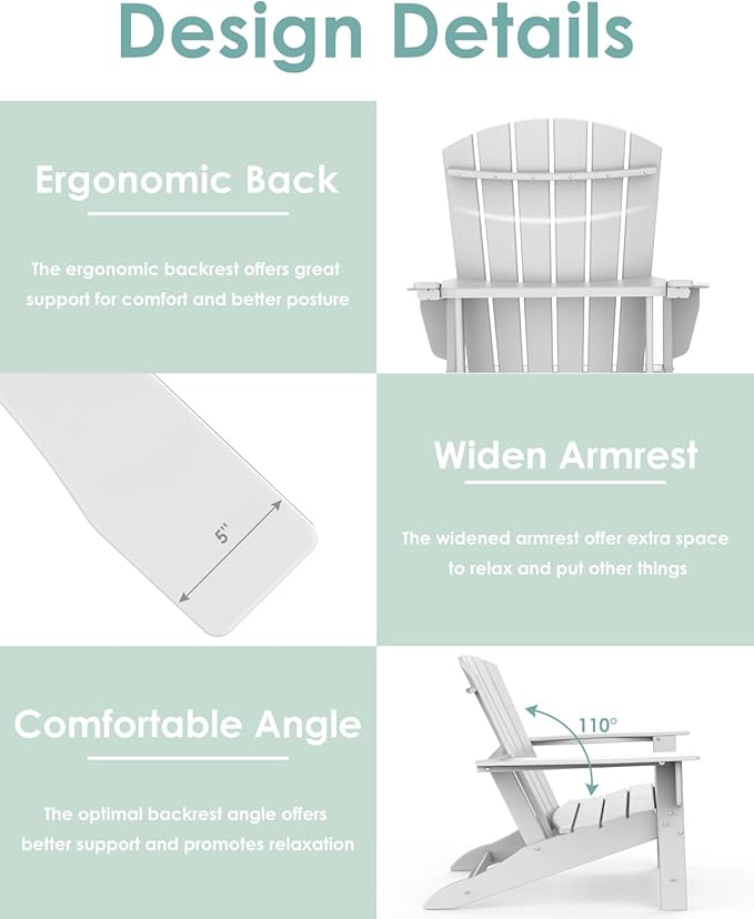 IVY&LANE Adirondack Chair | HDPE Plastic | Outdoor Fire Pit Chairs | Oversized | All-Weather | White | for Outside Deck Backyard Patio Poolside Porch Lawn