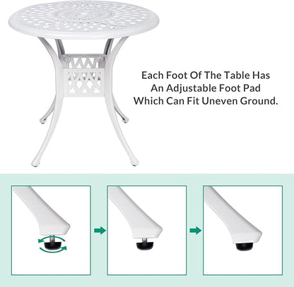 VIVIJASON 31" Patio Bistro Table Outdoor Dining Round Table White Cast Aluminum Table with Umbrella Hole