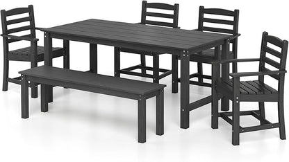 Tangkula 6 Pieces Patio Dining Bench Set, Outdoor HDPE Weather Resistant Table and Chairs Set with 1.77” Umbrella Hole and Wood-Like Surface, Outside Furniture Set for Garden, Backyard (Black, 6 Pcs)
