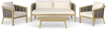 SIMPLIHOME Parkside SOLID ACACIA WOOD 70 inch Wide Rectangle Contemporary 4 Piece Outdoor Conversation Set in Natural for the Living Room