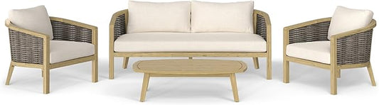 SIMPLIHOME Parkside SOLID ACACIA WOOD 70 inch Wide Rectangle Contemporary 4 Piece Outdoor Conversation Set in Natural for the Living Room