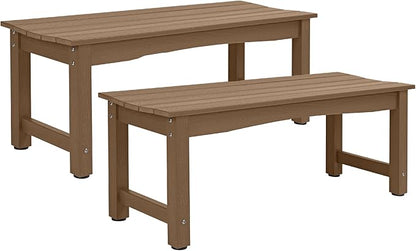 Weatherproof HIPS Outdoor Bench, 2-Person Patio Dining Bench, All-Weather Poly Lumber Garden Bench, Never Rot or Fade, Park Bench with Wood Grains for Porch, Entryway, Dark Brown, 2 Pack