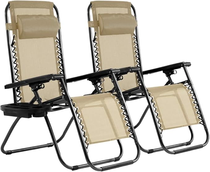 Dkeli Zero Gravity Chair Patio Chair Lounge Chair Chaise 2 Pack Outdoor Folding Adjustable Recliner Chair with Cup Holder Tray and Pillows for Patio, Pool, Beach, Lawn, Deck, Yard - Tan