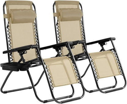 Dkeli Zero Gravity Chair Patio Chair Lounge Chair Chaise 2 Pack Outdoor Folding Adjustable Recliner Chair with Cup Holder Tray and Pillows for Patio, Pool, Beach, Lawn, Deck, Yard - Tan
