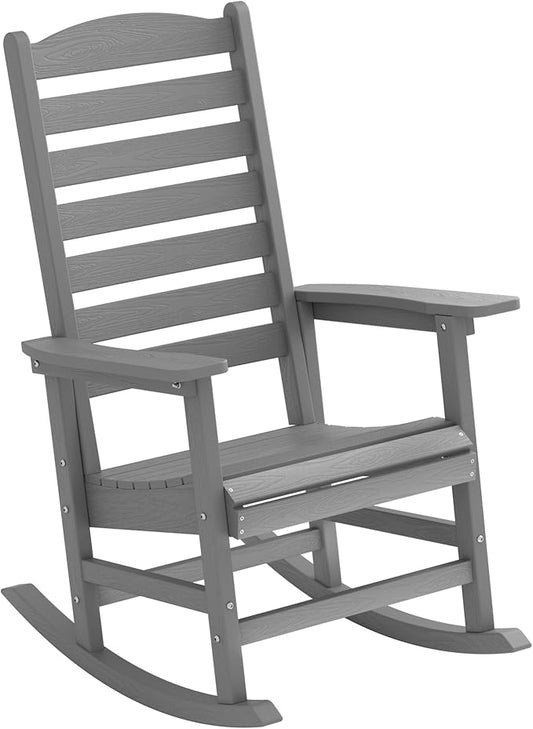 YEFU Outdoor Rocking Chair,Poly Porch Rocker with Curved Backrest,All Weather Patio Rocking Chair,Like Real Wood,for Indoor,Lawn, Backyard,Garden,Heavy Duty,Weight Capacity 380lbs(Grey)