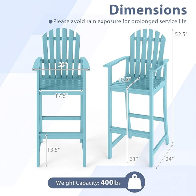 Tangkula Tall Adirondack Chair, Outdoor Acacia Wood Bar Stool with Back, Armrests and Footrest, Bar Height Patio Chair for Balcony, Porch, Deck and Backyard (2,Turquoise)