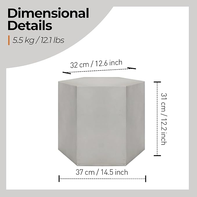 HOMPUS Concrete Side Table, Hexagon Outdoor Side Table, Modular Design Accent Table, Indoor Patio End Table, Light Grey Home Décor for Living Room, Bedroom or Backyard (14.5" L x 12.5" W x12 H)
