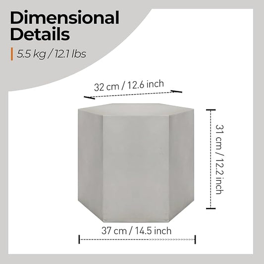 HOMPUS Concrete Side Table, Hexagon Outdoor Side Table, Modular Design Accent Table, Indoor Patio End Table, Light Grey Home Décor for Living Room, Bedroom or Backyard (14.5" L x 12.5" W x12 H)