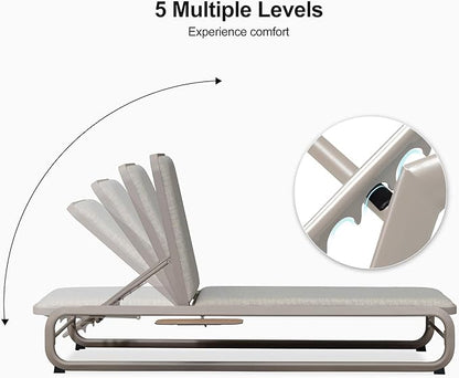 PURPLE LEAF Outdoor Chaise 3 Pieces Tanning Lounges for Patio Poolside Slide-Out Side Table with Cushion Adjustable Backrest Chairs Champagne