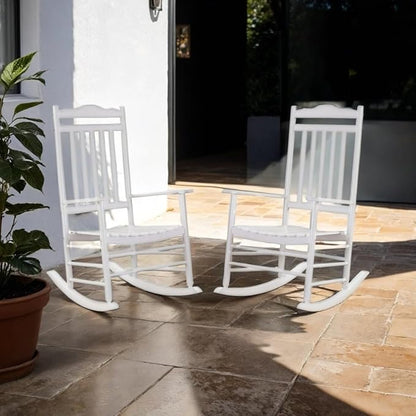 Outdoor Patio Wooden Rocking Chairs Set 2 Piece, Furniture Comfy Rockers for Adults Porch Lawn Room Outside Indoor, White