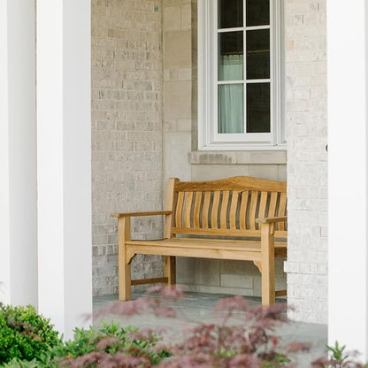 Ash & Ember Hawthorne Grade A Teak 53" Bench, Seats 2 People Comfortably, Weather Resistant Indoor Outdoor Solid Wood Patio Furniture with Tightly Spaced Slats, Bowed Back, Armrests