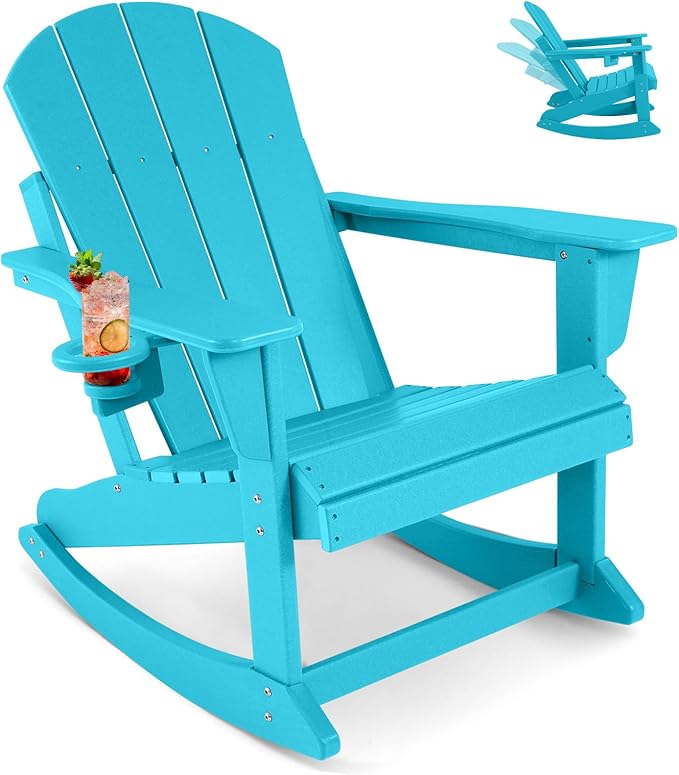 Outdoor Rocking Chair, HDPE Poly All-Weather Patio Rocking Chairs with Cup Holder for Adults, Porch Rocker for Deck Patio Balcony, 440lbs, Turquoise