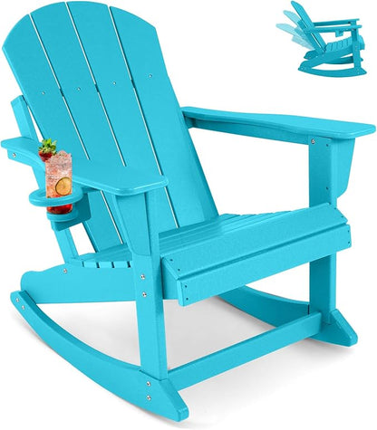 Outdoor Rocking Chair, HDPE Poly All-Weather Patio Rocking Chairs with Cup Holder for Adults, Porch Rocker for Deck Patio Balcony, 440lbs, Turquoise