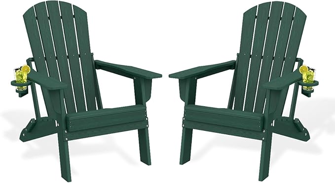 Folding Adirondack Chair Set of 2, HDPE Outdoor Patio Chair with Cup Holder, All Weather Plastic Lawn Chair with Wide Armrests, Portable Patio Chair for Backyard Deck Garden Fire Pit Poolside, Green