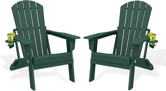 Folding Adirondack Chair Set of 2, HDPE Outdoor Patio Chair with Cup Holder, All Weather Plastic Lawn Chair with Wide Armrests, Portable Patio Chair for Backyard Deck Garden Fire Pit Poolside, Green