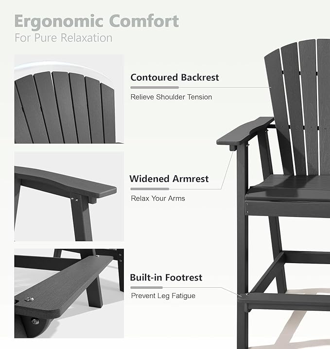 PASAMIC Tall Adirondack Chair Set of 2, All-Weather HDPE Outdoor Chairs with Removable Double Trays - Photo 4