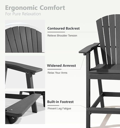 PASAMIC Tall Adirondack Chair Set of 2, All-Weather HDPE Outdoor Chairs with Removable Double Trays, Bar Height Adirondack Chairs for Balcony, Deck, Patio, Backyard, Dark Gray