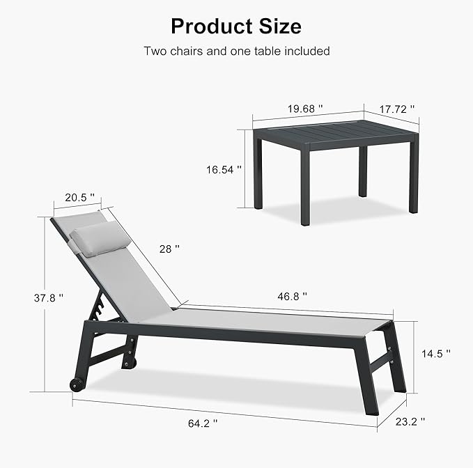 PURPLE LEAF Outdoor Lounge Chair Set Patio Chaise Pool Lounger Aluminum Frame with 2 Side Table and Wheels for Outside Sunbathing Tanning Recliner Including Pillows White