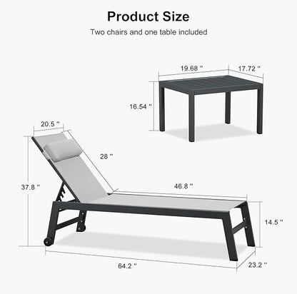 PURPLE LEAF Outdoor Lounge Chair Set Patio Chaise Pool Lounger Aluminum Frame with 2 Side Table and Wheels for Outside Sunbathing Tanning Recliner Including Pillows White