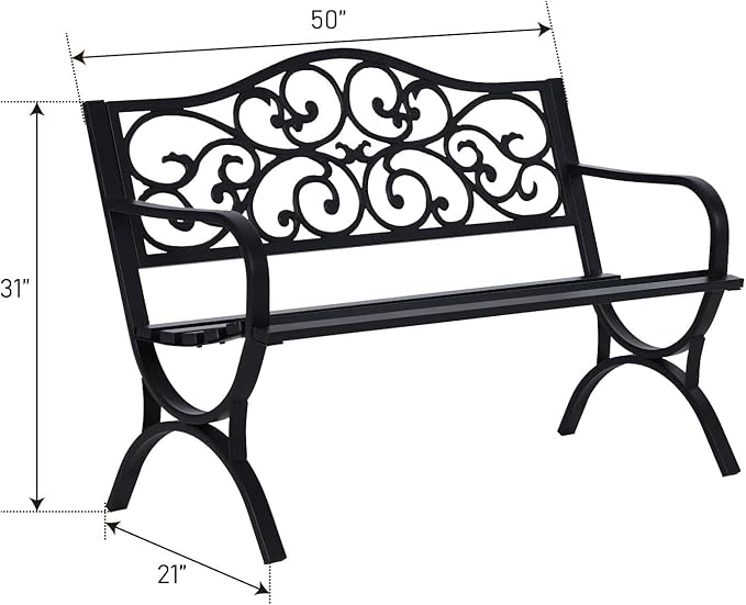 MFSTUDIO Outdoor Metal Bench Set of 2, 50 Inches Outdoor Garden Bench, Cast Iron Metal Frame Patio Park Bench with Floral Pattern Backrest, Arch Legs for Porch Lawn Yard, Black