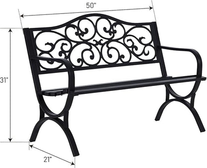 MFSTUDIO Outdoor Metal Bench Set of 2, 50 Inches Outdoor Garden Bench, Cast Iron Metal Frame Patio Park Bench with Floral Pattern Backrest, Arch Legs for Porch Lawn Yard, Black