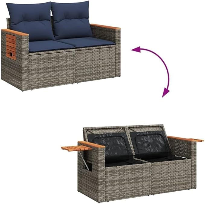 BOWERY HILL 2-Seater Poly Rattan Patio Sofa, Gray Finish, PE Rattan and Steel Frame with Acacia Wood Side Table, Navy Blue Cushions, Storage Space, UV-Proof Outdoor Seating for Garden or Patio Use