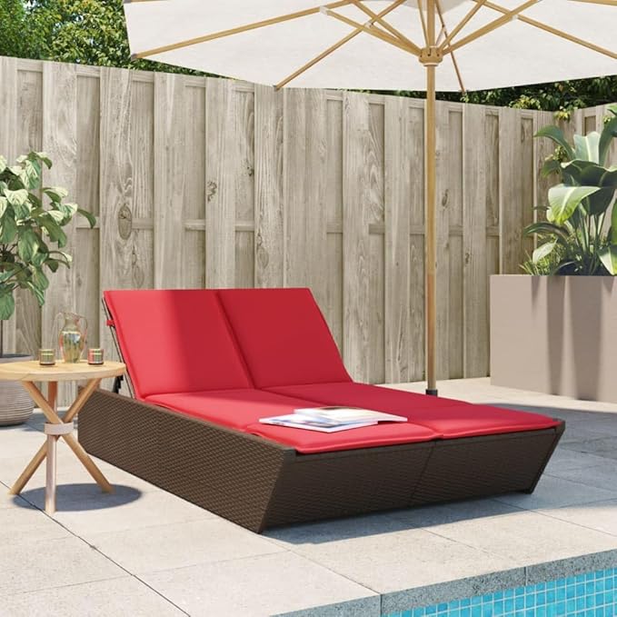 Brown PE Rattan Double Outdoor Lounge Chair 78.7×46.5×32.7in Adjustable Backrest Chaise for Patio Garden Poolside 2-Person Sun Lounger Powder-Coated Frame Easy-Clean Cushions