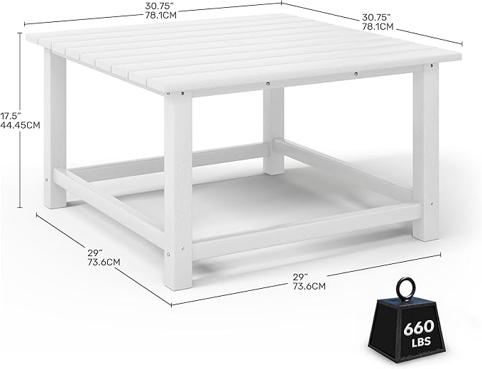 Costaelm Patio Conversation Table, Tatio Accent HDPE Outdoor Weather Resistant, Square Outdoor Porch Balcony Patio Drink Table for Outside, Pool, Backyard, White