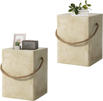 HOMPUS Outdoor Side Table Sets of 2 w Hemp Rope Handle, 2 Pieces Patio MgO Concrete Natural End Table, Square Accent Table Sets, Small Coffee Table for Garden, Patio, Porch and Deck, Warm Grey