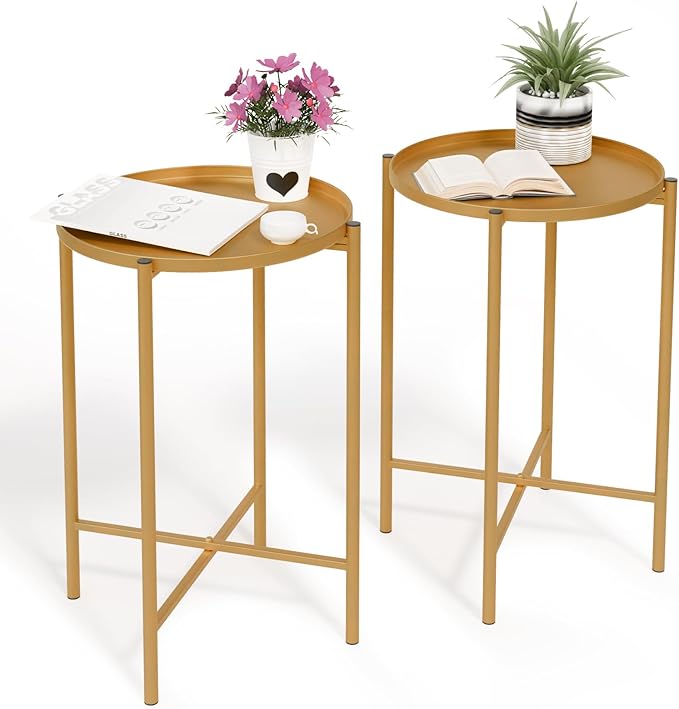 VINGLI Round Metal Side Table with Removable Tray, Outdoor Patio Coffee Table, Waterproof End Table for Small Spaces, Outdoor Patio, Living Room, Bedroom, Balcony (X-Brace & Non-Slip Pads) (2, Gold)