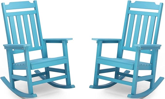 Rocking Chairs Set of 2, All Weather Resistant Poly Lumber Outdoor Porch Rocker, Rocking Chairs for Outdoor, Indoor, Patio, Deck, Garden, Backyard, Load Bearing 380 lbs - Lake Blue
