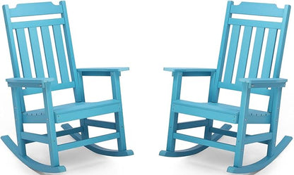 Rocking Chairs Set of 2, All Weather Resistant Poly Lumber Outdoor Porch Rocker, Rocking Chairs for Outdoor, Indoor, Patio, Deck, Garden, Backyard, Load Bearing 380 lbs - Lake Blue