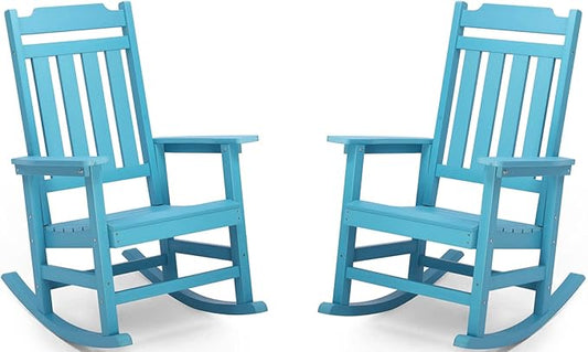 Rocking Chairs Set of 2, All Weather Resistant Poly Lumber Outdoor Porch Rocker, Rocking Chairs for Outdoor, Indoor, Patio, Deck, Garden, Backyard, Load Bearing 380 lbs - Lake Blue