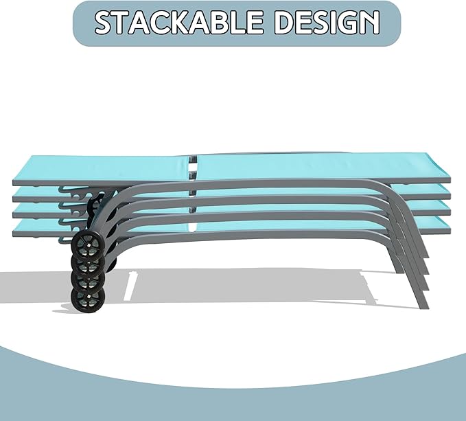 Domi Pool Lounge Chairs Set of 3, Adjustable Aluminum Outdoor Chaise Lounge with Wheels Patio Lounge Chairs with Side Table, All Weather for Deck Lawn Poolside Backyard-Turquoise Blue Textilene