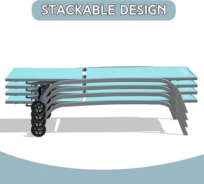 Domi Pool Lounge Chairs Set of 3, Adjustable Aluminum Outdoor Chaise Lounge with Wheels Patio Lounge Chairs with Side Table, All Weather for Deck Lawn Poolside Backyard-Turquoise Blue Textilene