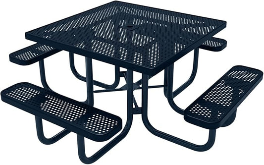 COATEDOUTDOORFURNITURE Heavy-Duty Portable Outdoor Picnic Table with Umbrella Hole, Punched Steel Commercial-Grade Patio Furniture Made in America (46" Square Top, Dark Blue with Dark Blue Frames)