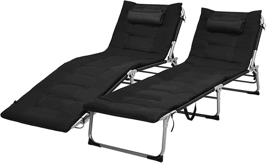 Giantex 2-Pack 2-in-1 Lounge Chair Chaise Lounger with Mattress, 4 Adjustable Position, Pillow, Side Pocket Beach Recliner for Sunbathing, Patio, Pool, Lawn, Deck Folding Camping Cot, Black