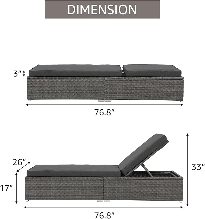 Patiorama Outdoor Patio Chaise Lounge Chair, Elegant Reclining Adjustable Pool Rattan Chaise Lounge Chair with Cushion, Grey PE Wicker, Steel Frame, Dark Grey, Set of 2